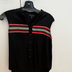 rag & bone Black Silk Blend Sleeveless Shirt with Red and Green Stripes